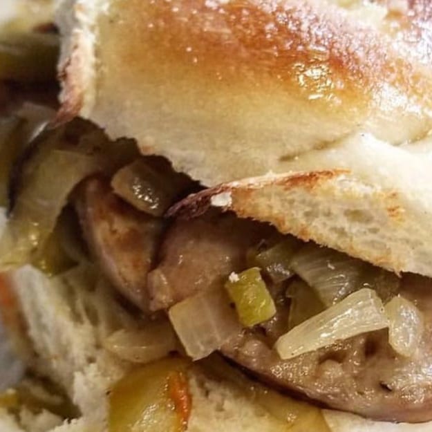 Sausage, Pepper & Onion Garlic Knot Slider.